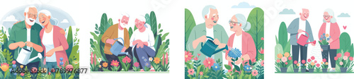 An elderly couple watering flowers together in the garden, flat design, simple and minimalistic style, white background