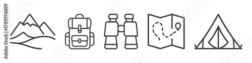 Adventure icons mountains, backpack, binoculars, map, tent
