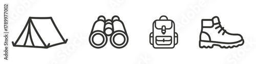 Camping essentials tent, binoculars, backpack, and hiking boot icons