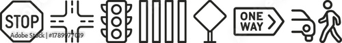 Collection of traffic signs and symbols in black and white line art