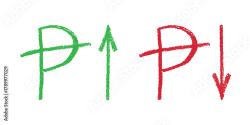 Hand drawn peseta currency symbol Growth and fall profit with arrow up and down Brush stroke doodle Element for design