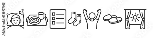 Daily morning routine icons sleeping, breakfast, planner, socks, exercise, slippers, sunshine