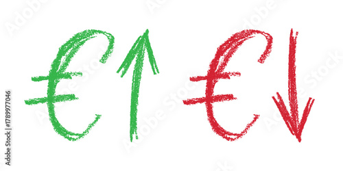 Hand drawn euro currency symbol Growth and fall profit with arrow up and down Brush stroke doodle Element for design