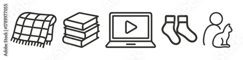 Cozy living blanket, books, laptop, socks, and pet icon set
