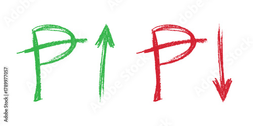 Hand drawn peseta currency symbol Growth and fall profit with arrow up and down Brush stroke doodle Element for design