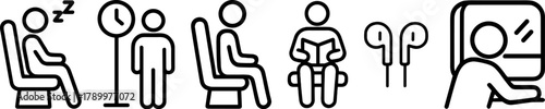 Commuter symbols sleeping, time, waiting, sitting, reading, listening, viewing