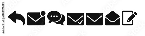 Email communication icons set envelope, message, reply, write, chat symbols