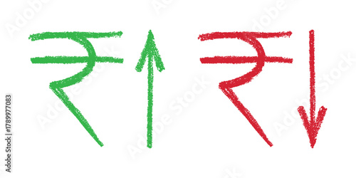 Hand drawn rupee currency symbol Growth and fall profit with arrow up and down Brush stroke doodle Element for design