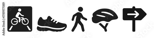 Cyclist and pedestrian icons bike lane, shoe, helmet, arrow sign design