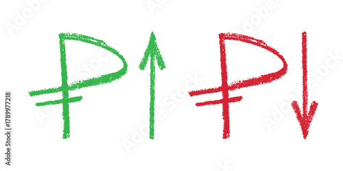 Hand drawn russian ruble currency symbol Growth and fall profit with arrow up and down Brush stroke doodle Element for design