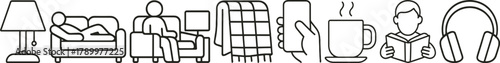Line art icons of relaxation items lamp, couch, blanket, smartphone, coffee, book, headphones