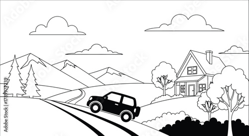 Dreamy getaway featuring a car driving toward a house in nature