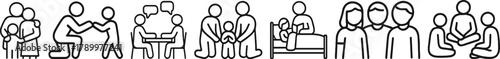 Line icons of family interaction parenting, support, and communication