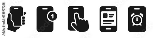 Mobile icons set notifications, touch, messages, alarms
