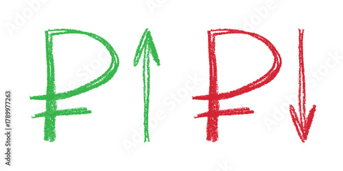 Hand drawn russian ruble currency symbol Growth and fall profit with arrow up and down Brush stroke doodle Element for design