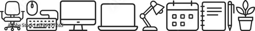 Minimalist office icons chair, computer, lamp, calendar, notebook, plant
