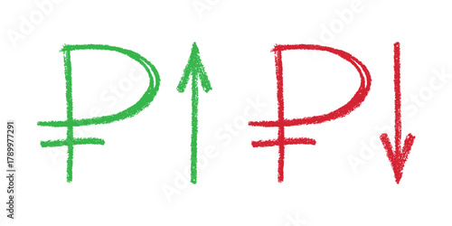 Hand drawn russian ruble currency symbol Growth and fall profit with arrow up and down Brush stroke doodle Element for design