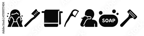 Personal hygiene icons face washing, toothbrush, towel, dental floss, soap, razor