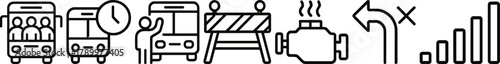 Public transportation icons set buses, barriers, engine, road signs, signal strength