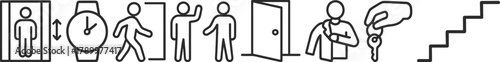 Sequential steps for daily routine elevator, time, walking, arrival, door, keys, stairs