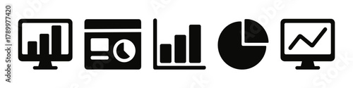 Set of data analytics icons bar graphs, pie charts, and monitors