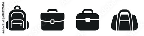 Set of backpack, briefcases, and duffle bag icons