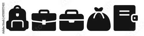 Silhouette icons of backpack, briefcases, satchel, and notebook