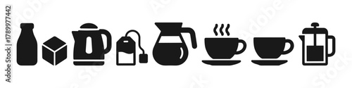 Silhouette icons of beverage containers and utensils