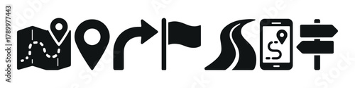 Set of navigation icons map, pin, arrow, flag, road, smartphone, signpost