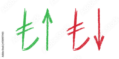 Hand drawn turkish lira currency symbol Growth and fall profit with arrow up and down Brush stroke doodle Element for design