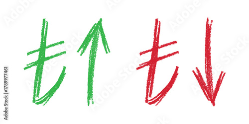 Hand drawn turkish lira currency symbol Growth and fall profit with arrow up and down Brush stroke doodle Element for design