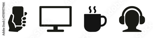 Silhouette icons of handheld device, monitor, coffee mug, and headphones