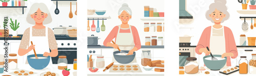 A grandmother baking cookies in the kitchen, smiling happily, flat design, simple and minimalistic style, white background