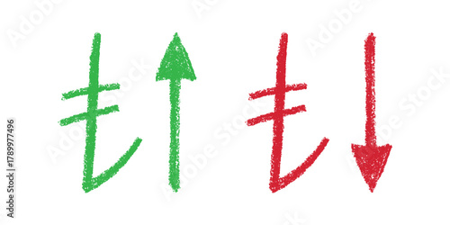 Hand drawn turkish lira currency symbol Growth and fall profit with arrow up and down Brush stroke doodle Element for design