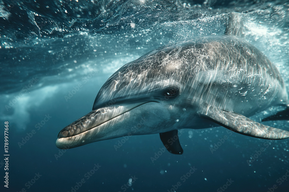 Naklejka premium Dolphin swimming gracefully beneath ocean surface in stunning close up
