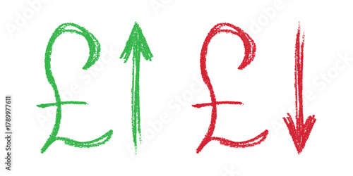 Hand drawn british pound currency symbol Growth and fall profit with arrow up and down Brush stroke doodle Element for design