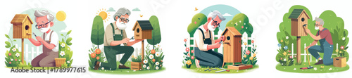 A grandfather repairing a wooden birdhouse in the backyard, flat design, simple and minimalistic style, white background