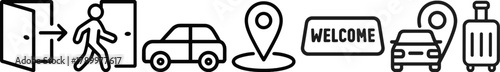 Travel journey icon set departure, transport, arrival, location, welcome sign, luggage