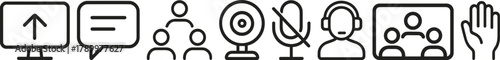 Video call interface icons monitors, cameras, microphones, chat bubbles, headsets, participants