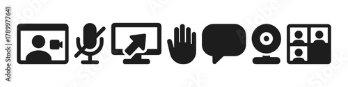 Video conference icons webcam, microphone, screen, hand gesture, speech bubble