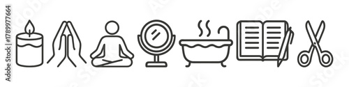 Wellness icons candle, meditation, mirror, bath, book, scissors - line art
