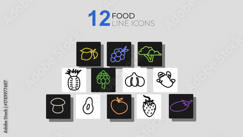 Set of 12 colorful food line icons including fruits and vegetables lemon, grapes, broccoli, pineapple, garlic, ginger, and more. Modern flat outline design for web, print, or app use