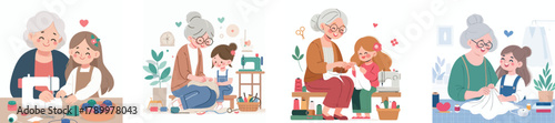 A grandmother teaching her granddaughter how to sew, flat design, simple and minimalistic style, white background.