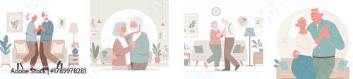 An elderly couple dancing together in the living room, flat design, simple and minimalistic style, white background