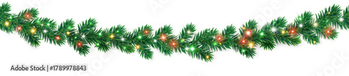 Seamless colorful Christmas garland of fir branches with red, green, and yellow lights. Perfect glowing border for Christmas tree decorations. Transparent background in vector file.