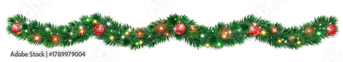 Christmas tree garland with red glitter baubles and glowing colorful lights. Festive decorative divider for winter holiday design and celebration banners. Transparent background in vector file.