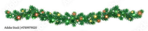 Christmas tree garland with glowing multicolor lights on lush green branches. Bright festive banner decoration for Christmas and New Year projects. Transparent background in vector file.
