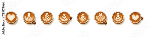 Latte art icon set. Coffee cup vector set. Top view coffee cup collection with various latte art patterns for cafe menu and beverage design.