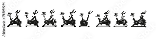 Exercise bike icon set. Fitness equipment vector set. Stationary bike collection with side view illustrations for cardio, training, and workout design.