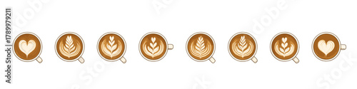 Latte art icon set. Coffee cup vector set. Top view coffee cup collection with various latte art patterns for cafe menu and beverage design.